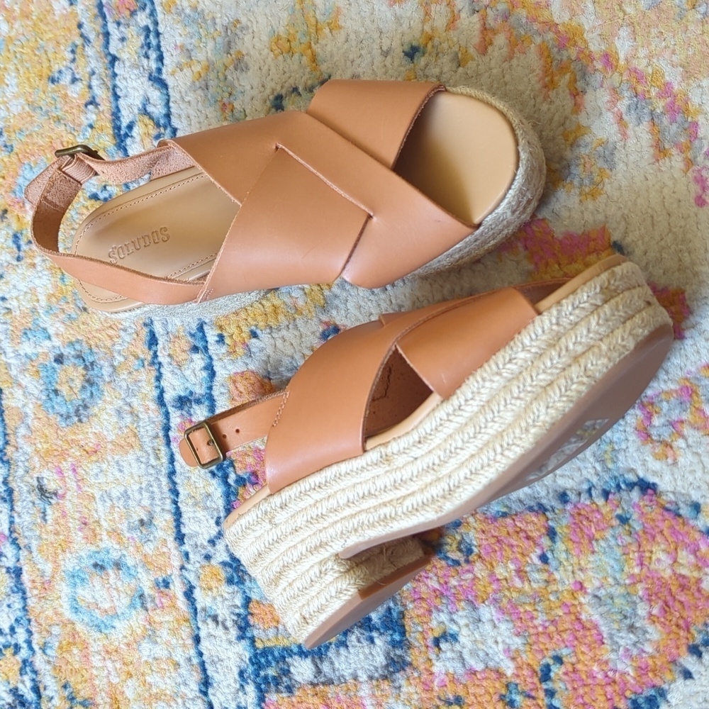 Soludos Amalfi Leather Criss Cross Espadrille Platform Heeled Sandals Nude Tan 7 - Picture 2 of 16